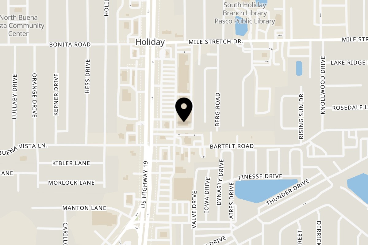 Map showing the location of Inferno Pizza Lounge on 1818 US-19 in Holiday